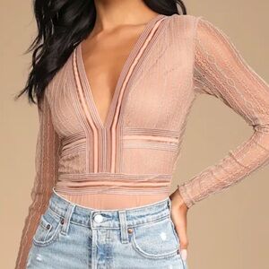 Lulu's Casita Beige Sheer Lace Long Sleeve Bodysuit